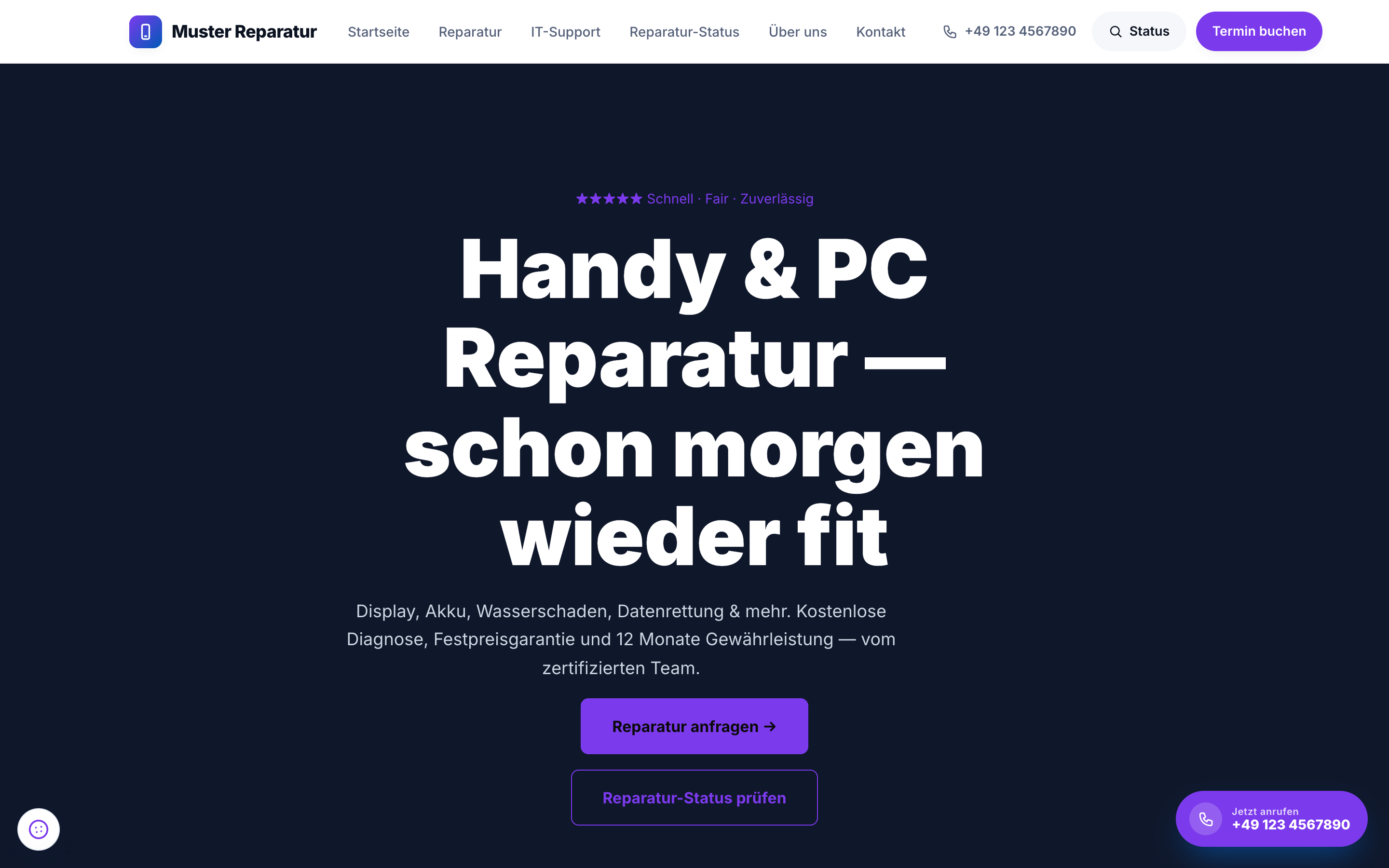Beispiel einer mit RepairCMS erstellten Reparaturwerkstatt-Website mit Hero-Bereich und Terminbuchung