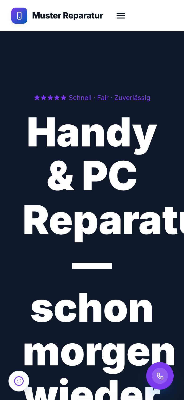 Mobile Ansicht einer RepairCMS Werkstatt-Website auf dem Smartphone