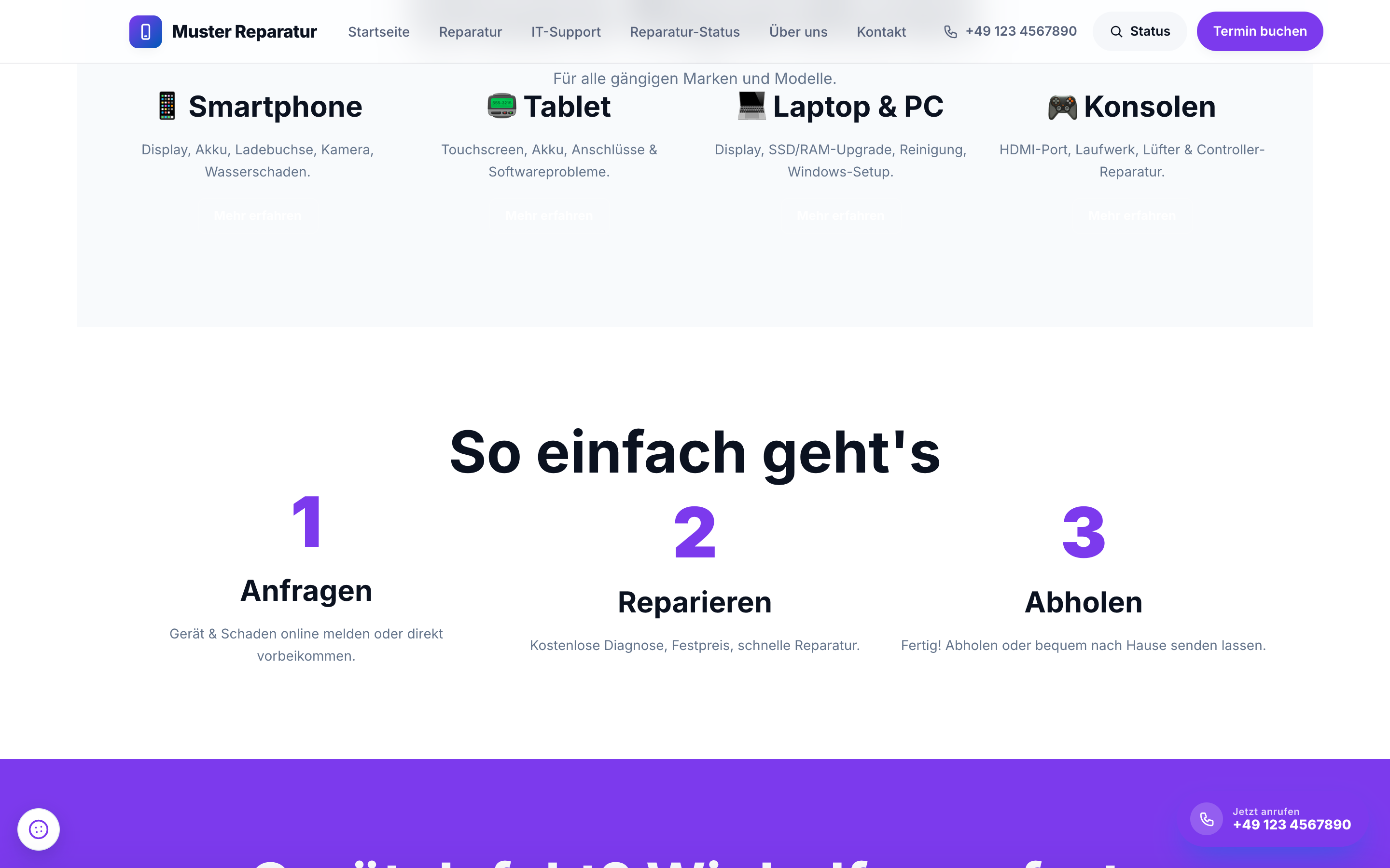 Leistungsübersicht in RepairCMS: Smartphone-, Tablet-, Laptop- und Konsolen-Reparatur mit Ablaufschritten